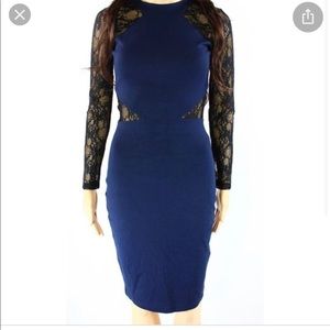 French Connection Body Con dress navy blue with black lace sleeves